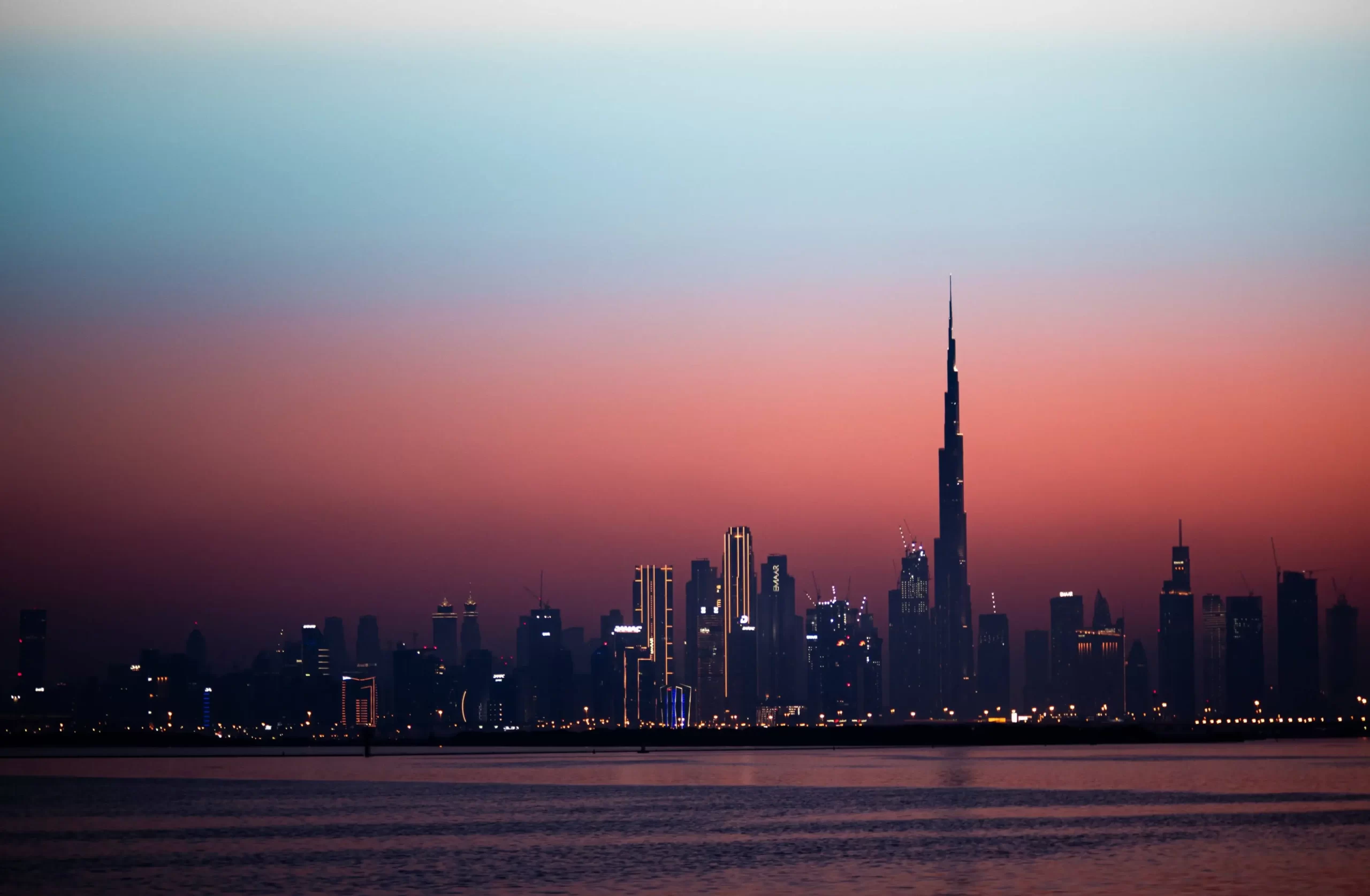 a wide distant shot of a Dubai Skyline